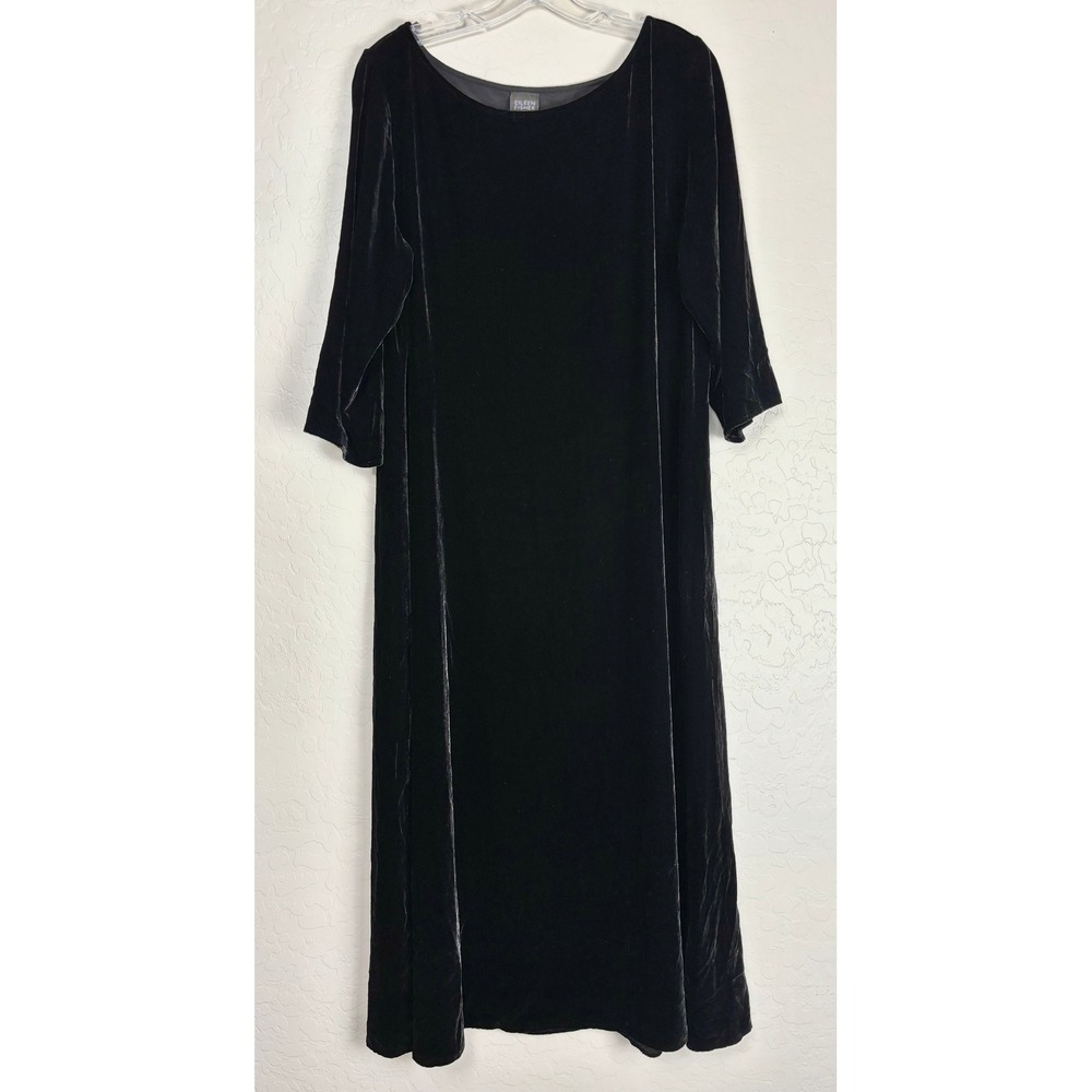 Eileen Fisher‎ Black Silk Blend Velvet Scoop Neck Shift Dress Womens Large 2318